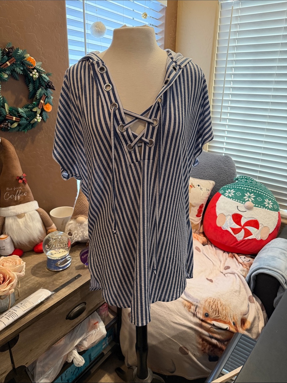 Time and Tru Navy & White Striped Hooded Lace-Up Swim Coverup